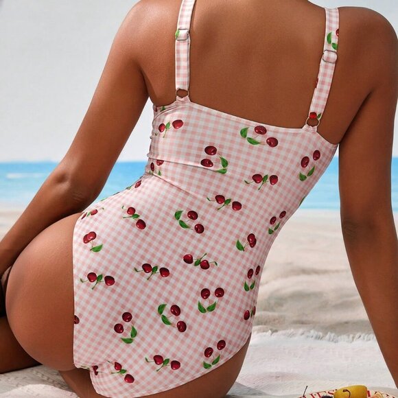 Multicolor Casual Women's Plaid Cherry Print One-Piece Swimsuit - Picture 2 of 6